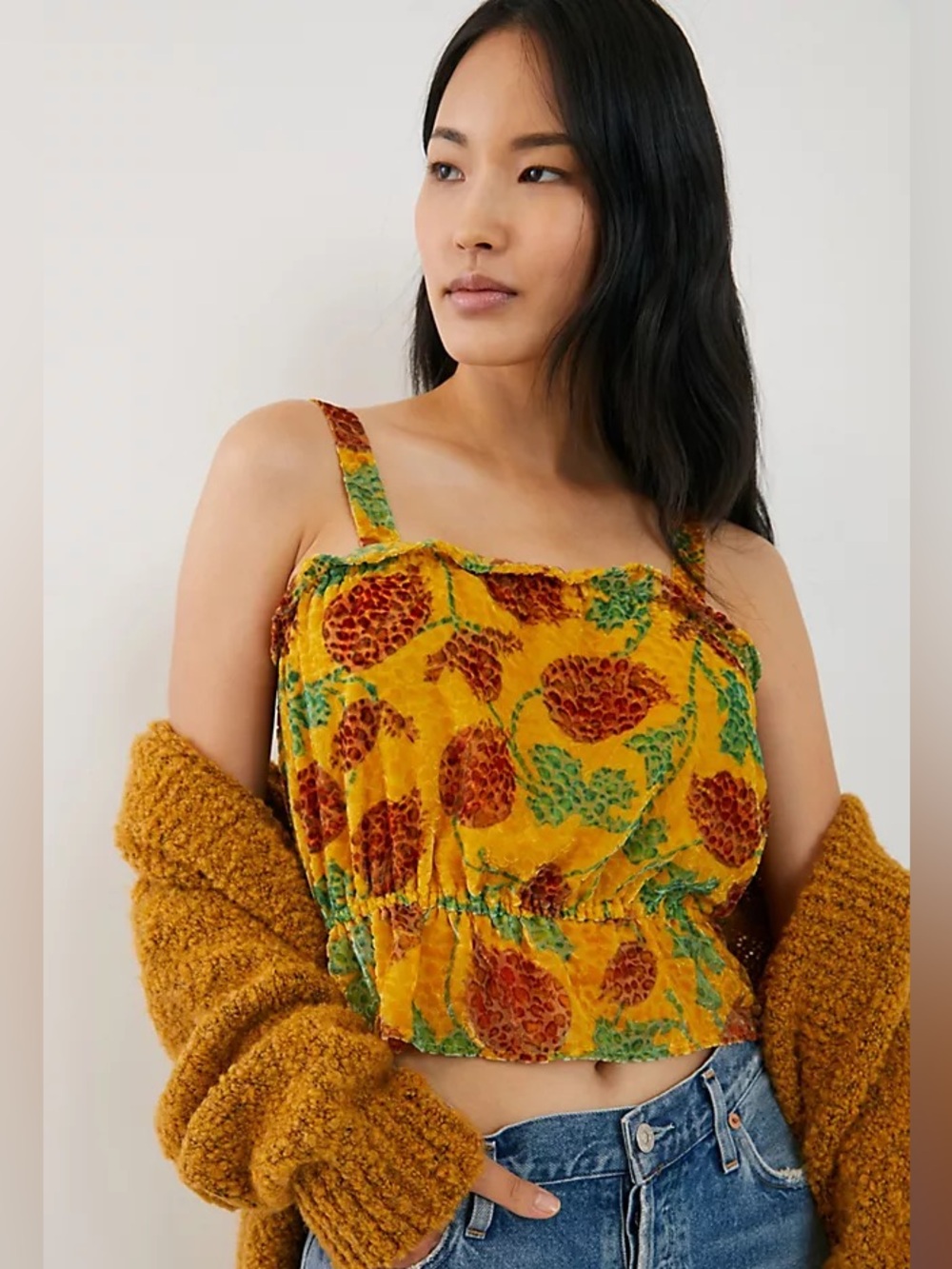 Anthropologie Felipa Cropped Velvet Sunflower Tank Top